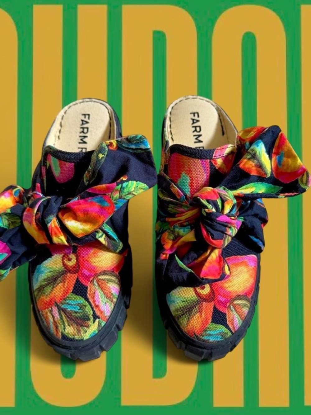 FARM Rio Cashew Black Platform Mules tropical-printed canvas Size 7.5 NWT